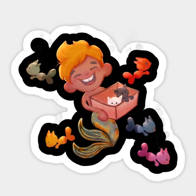 Little mermaid boy with kittens Sticker by irina_zhelinskaya